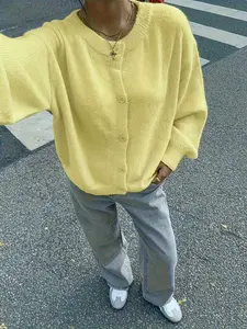 Elegant Buttoned Long Sleeve Knit Cardigan, Loose Fit Round Neck Top, Essential for Spring Fall Winter, Solid Color Outerwear