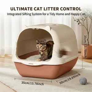 Pink & Beige Hooded Enclosed Cat Litter Box, Indoor Cat Litter Tray with Large Front Entry, Handle, Ideal for Home & Apartment Use