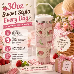 1 Pc 30oz Strawberry Patchwork Design, Sweet Aesthetic Vacuum Cup, Double Wall Thermal Mug, Tumbler, Leak Proof Lid, Keeps Drinks Hot 12H Cold 24H, Valentine Day Gift for Women Girls, Birthday Holiday Cute Travel Mug