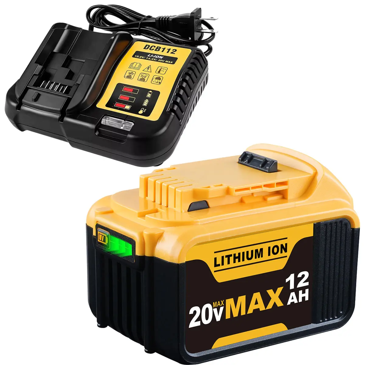 Upgraded 20V Max High-Capacity 12.0Ah (12000mAh) Lithium-Ion DEWALT Replacement Battery & Charger Combo - DCB200 Compatible with 12V/20V DCB112 Station Kit, X*R Batteries, Yes-DCS Tech, Advanced Safety Features for Cordless Tools, Original Performance