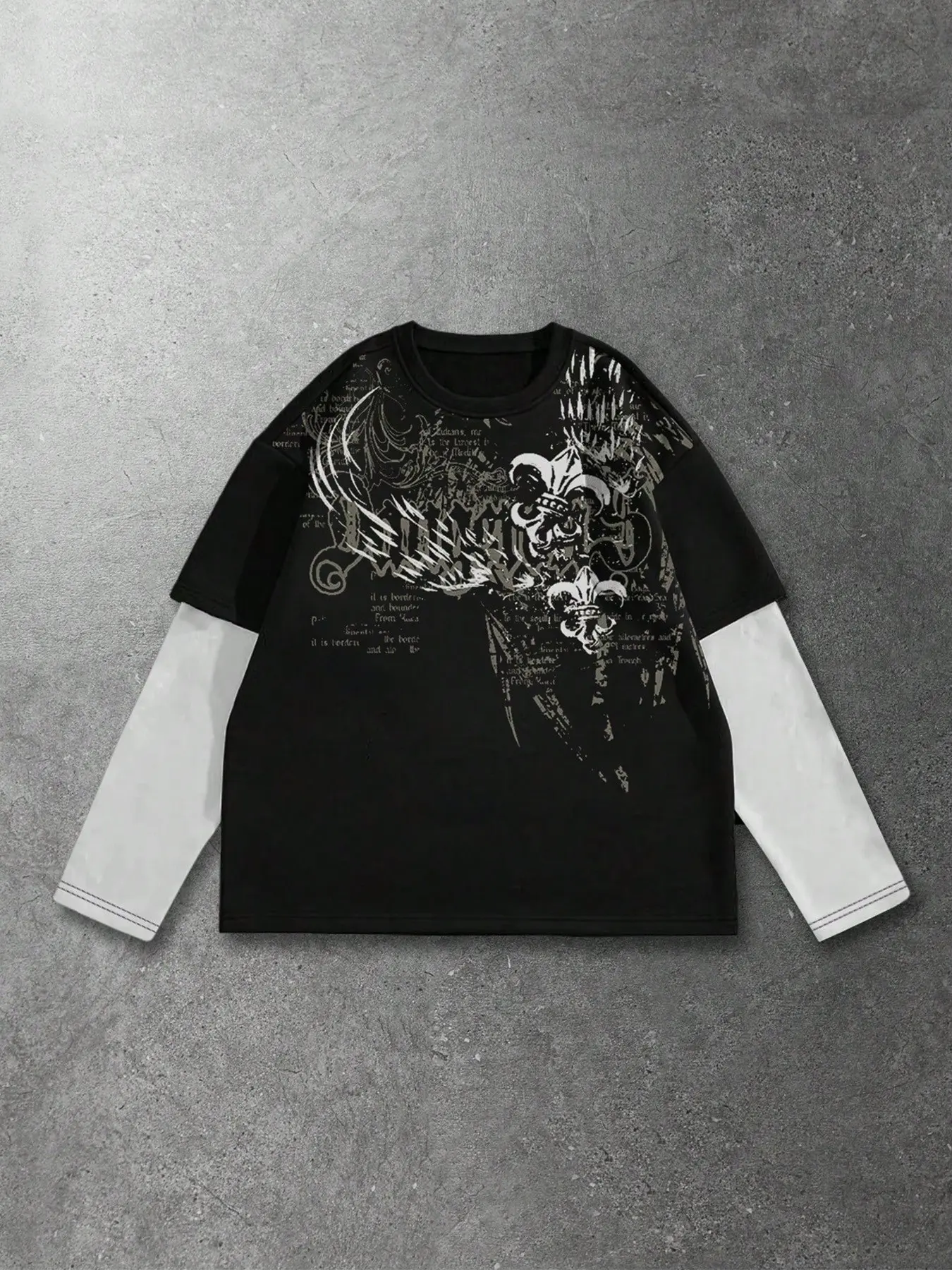 Trendy Fashion Men's Long Sleeve Knitwear Layered Tee with Vintage Graphic Print - Contrast Sleeve Fake Two-Piece Streetwear Shirt, Relaxed Fit Harajuku Style Top for Hip Hop Dance and Casual Daily Wear.