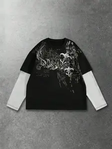 Trendy Men's Long Sleeve Layered Tee with Vintage Graphic Print - Contrast Sleeve Fake Two-Piece Streetwear Shirt, Relaxed Fit Harajuku Style Top for Hip Hop Dance and Casual Daily Wear.