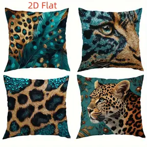 4pcs, Wild Leopard Themed Throw Pillow Covers, Leopard & Feather Pattern Design, Home Décor Products, Suitable Living Room, Bedroom, Sofa and Bed Decoration,  2D Flat, Single Sided Printing, No Pillow Core