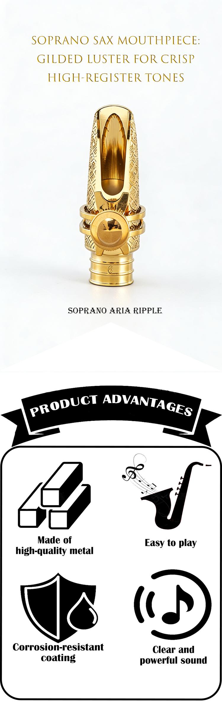 Luxury Gold Engraved Soprano Saxophone Mouthpiece, Professional Metal Sax Mouthpiece with Ligature for Beginner & Pro Players, Easy Blowing Clear Tone drums Strap Brass Carving Pattern bari tonesaxophone otama sopranosax news axophone alto saxo ph hne