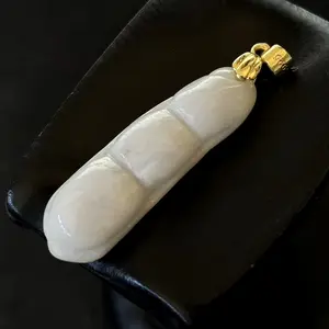 Natural White Jade Jadeite Carved 'Bean' Pendant, Free Necklace