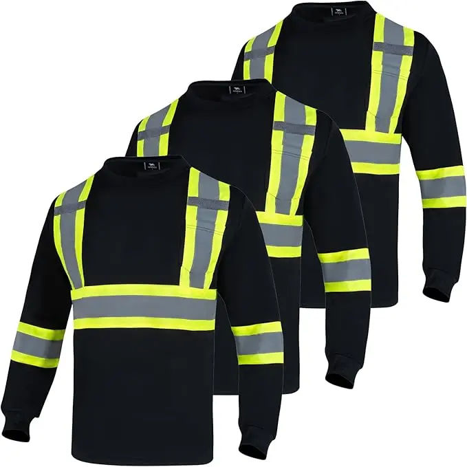 3 PACK SHIRT High Visibility Long Sleeve Construction Shirts Black Yellow Orange Reflective Safety Workwear