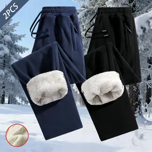2-piece men's fleece-lined thick casual sports pants, winter drawstring warm fleece trousers, cold-resistant outdoor windproof camping hiking pants, winter hunting adventure tactical pants, snow pants, perfect match with other clothing, men's winter hikin