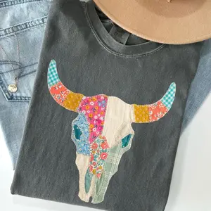 patchwork bull skull clear film screen print