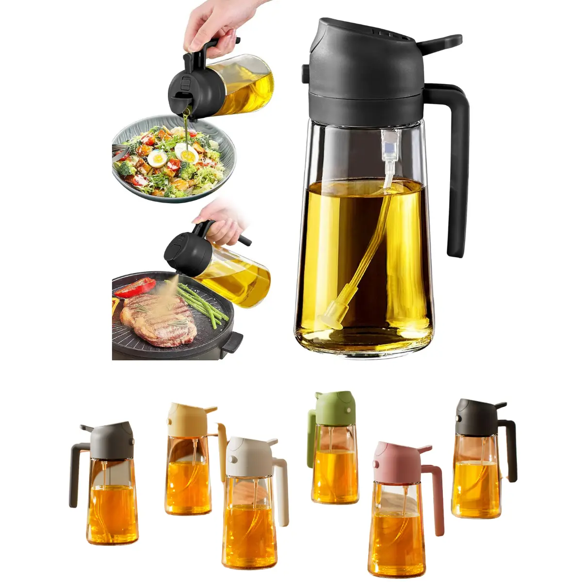 Glass Olive Oil Sprayer 470ml 2 in 1 Oil Dispenser with Spray & Pour Function Food Grade Wide Neck Bottle for Cooking Salad BBQ & Frying Kitchen Utensils,Oil Dispenser Bottle,Food Grade Oil Sprayer