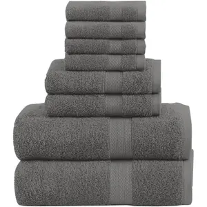 Pack of 8 Towels Set, 2 Large Bath Towels, 2 Hand Towels, 4 Wash Cloths, 100% Cotton, Lighter Weight, Quicker to Dry, Super Absorbent, Perfect for Bathroom (Grey)