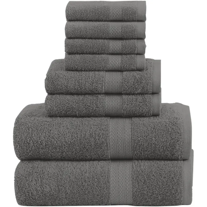 Pack of 8 Towels Set, 2 Large Bath Towels, 2 Hand Towels, 4 Wash Cloths, 100% Cotton, Lighter Weight, Quicker to Dry, Super Absorbent, Perfect for Bathroom (Grey)