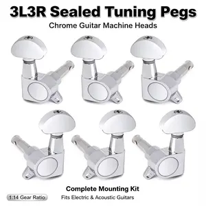 Chrome Sealed Guitar Tuning Pegs 3L3R 1:14 Gear Ratio Die-Cast Machine Heads Half Moon Knobs Complete Hardware Kit Replacement for Acoustic & Electric Guitar