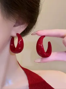 Women's Elegant Acrylic Earrings, Geometric C Design, Wine Color, Perfect for Daily Wear, Parties & Holidays, Earrings Jewelry