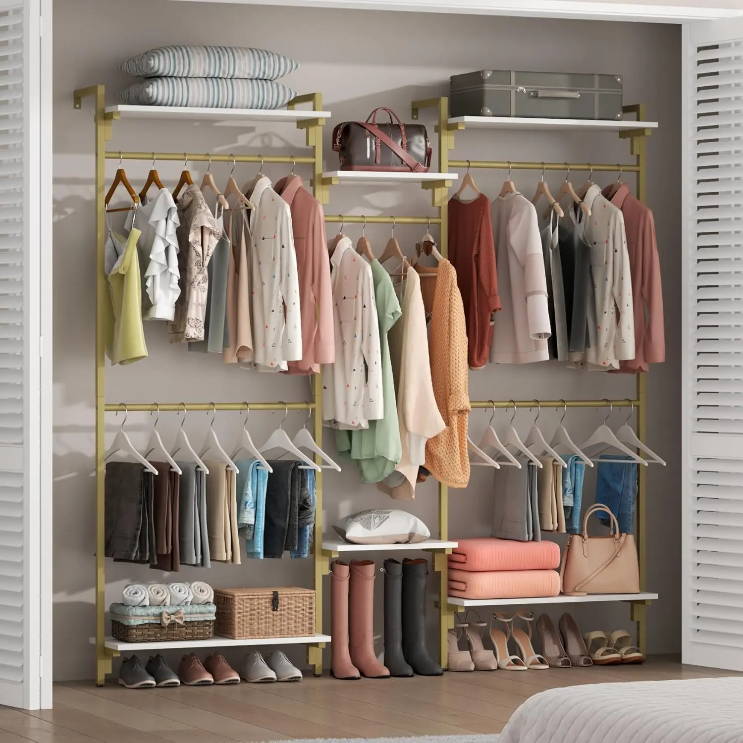 Gold Wall Mounted Clothing Rack with 5 Hanging Rods, Clothes Rack with Adjustable Shelves, Closet Storage Organizer System Kit, Heavy Duty Garment Rack with Metal Frames (80.71" L*78.74" H)