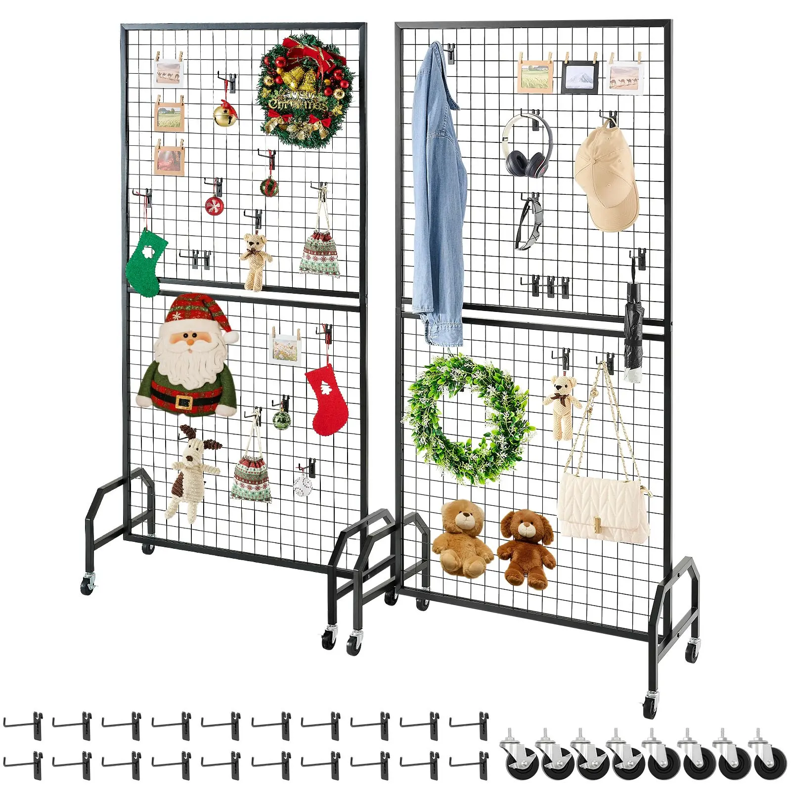 VEVOR 2-Pack 1-Layer Rectangle Grid Wall Panels, 2.9x5.9 ft Black Carbon Steel Multifunctional Organiser, Wall-Mount/Portable Display Rack with Wheels, Caster Base & 10 Hooks for Craft Shows, Decor