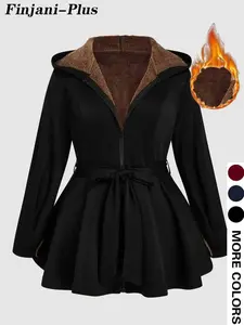 Plus Size Women's Hooded Jacket, Thick Woven Fabric, Plain Pattern, Fall & Winter Fashion, Casual Style, Warm Outerwear
