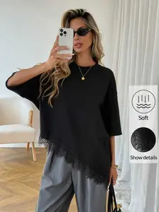 Summer Knitted Round Neck Short Sleeve Top, Loose Fit Asymmetrical Hem Lace Trim, Soft Breathable Women's Casual Shirt