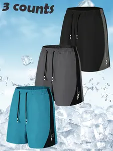 Mens 3-Pack Ice Silk Quick-Dry Shorts – Side Stripe Design, Elastic Drawstring Waist, Essential for Summer Beach Workouts