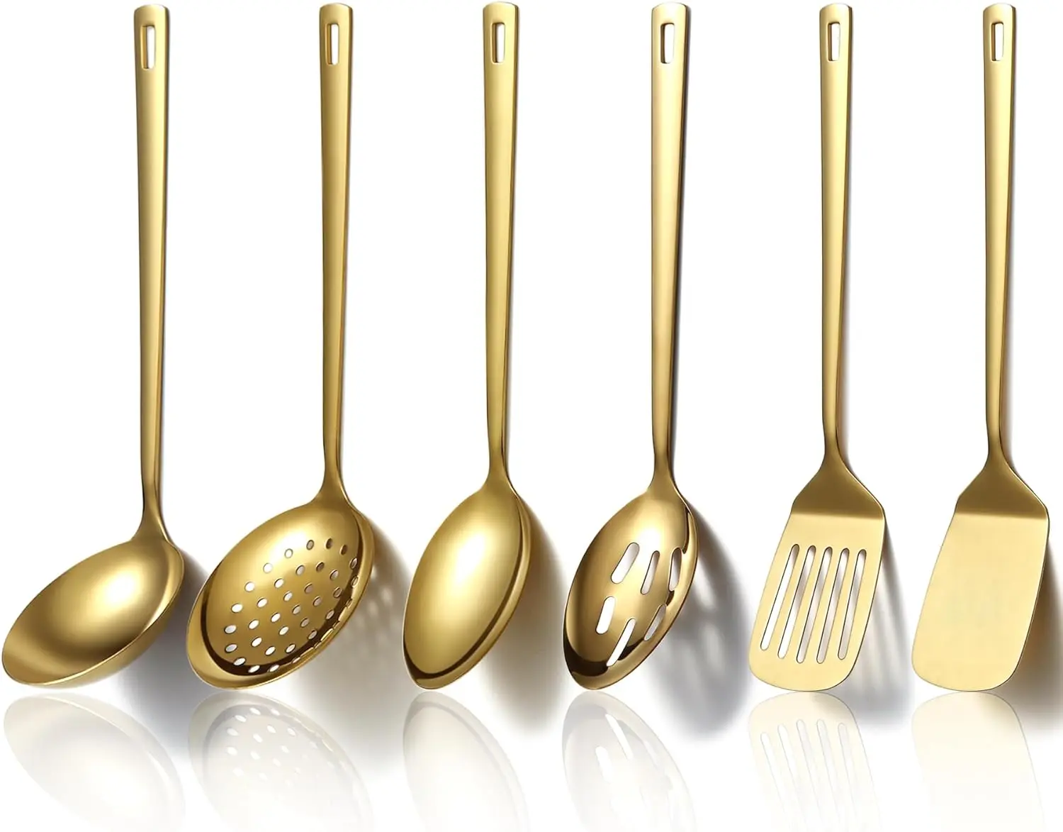 Gold Stainless Steel 6-Piece Serving Utensil Set with Handle - Cooking Spoons, Slotted Spatula Turner, Soup Ladle, Kitchen Supplies Great for Buffet Lines and Parties, Six Pieces