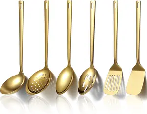 6-Piece Gold Stainless Steel Serving Utensil Set, Buffet Catering Hostess Spoons, Slotted Spatula Turner & Soup Ladle for Party Kitchen Cooking tiktokshopspringglowup