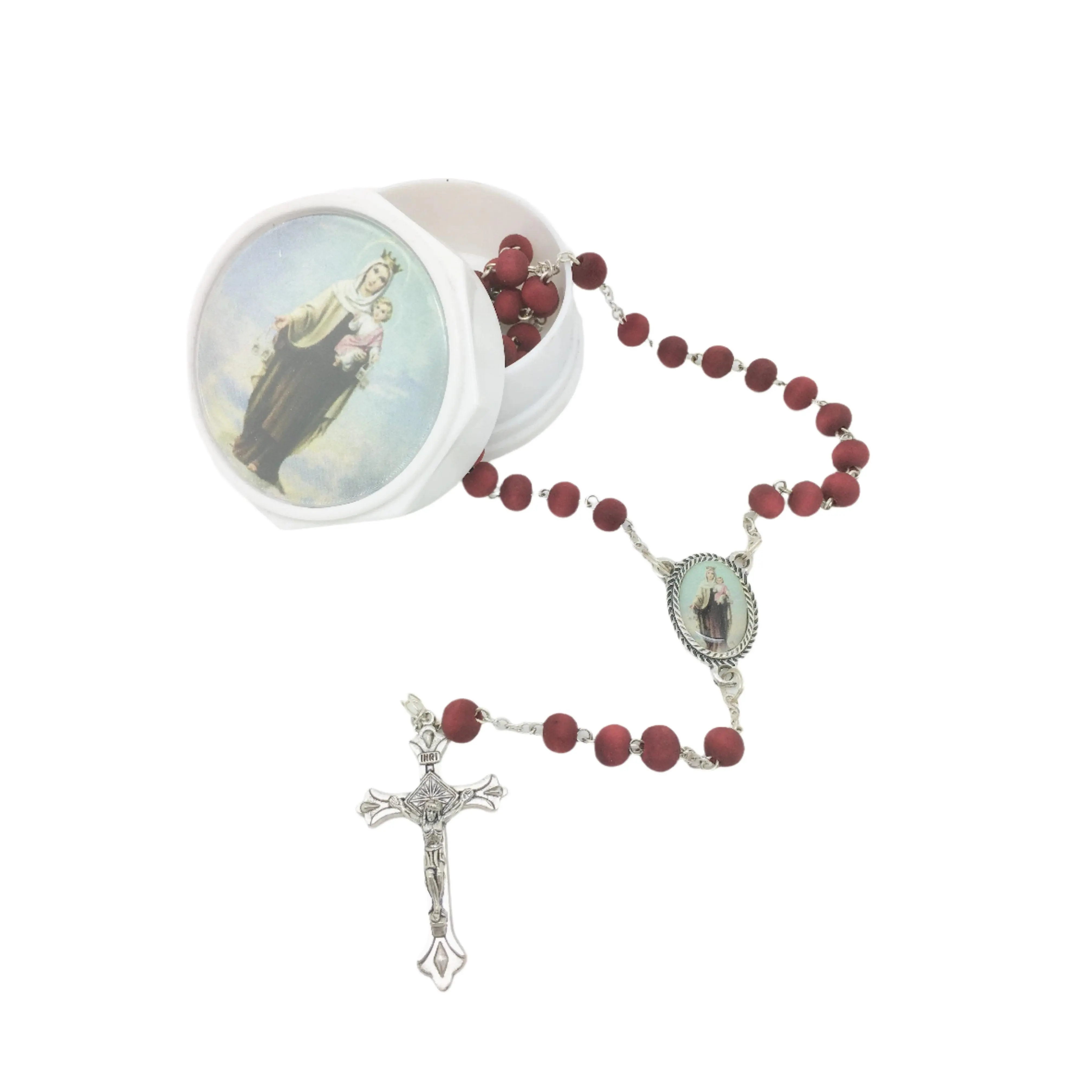 Our Lady of Mount Carmel Wood Rose Scented Rosary in Matching Box