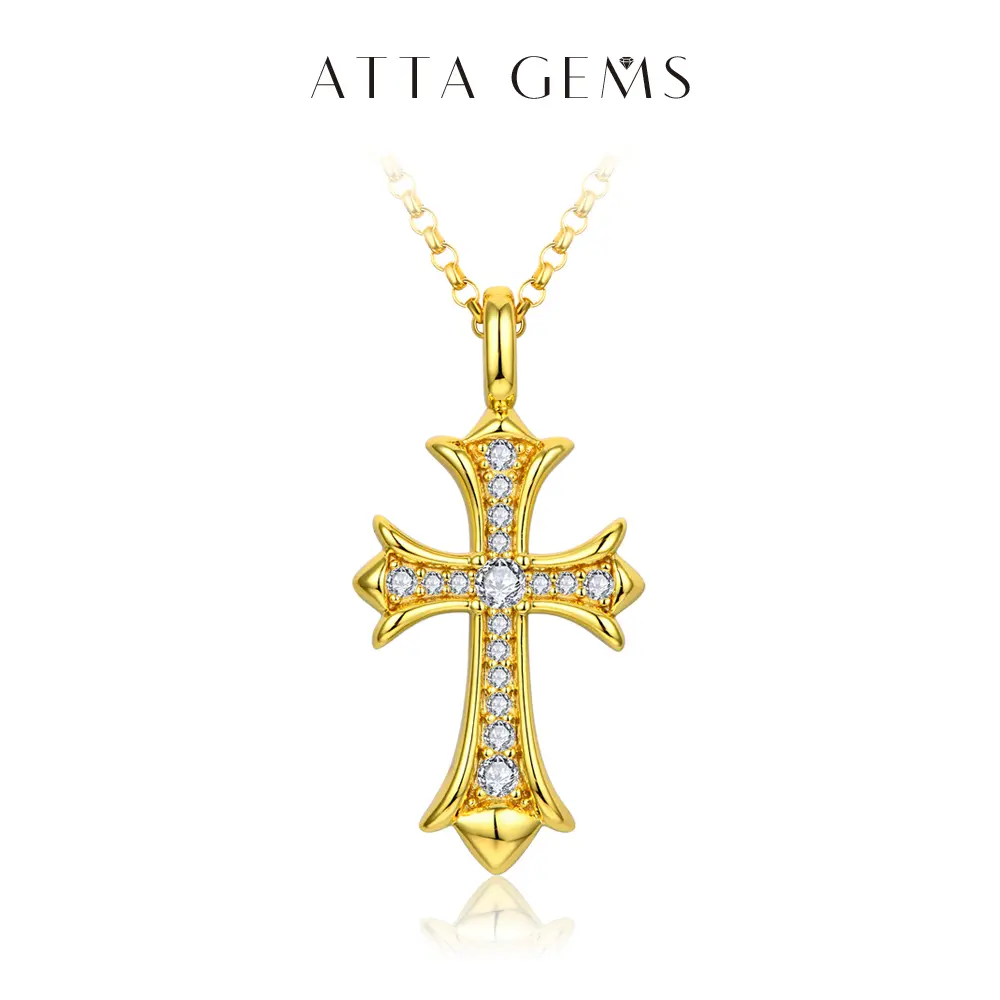 Retro Classic Cross Necklace with Prong-Set D-VVS1 Round Cut Moissanite, Fine Pendant Jewelry for Adults, Crossnecklace, Classic Cross Pendant, Artificial Gemstone, Daily, Casual, Unisex, Retro Look, D-Vvs1 Grade, Synthetic, Classic Artificial Gemstone Ne