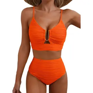 Women's Yabe High-Waist 2-Piece U-Wire Bikini Set - Cutout, Textured Tummy Control, Elastic Fabric, Halter Metal Decor Swimsuit for Women, 2026 Trending for Beach, Pool Water Sports