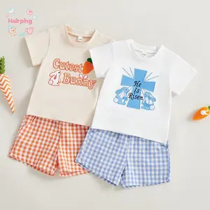 Toddler Easter 2-Piece Outfit Set – Vibrant “Cutest Bunny/He Is Risen” Print Tee & Gingham Shorts, Breathable Soft Fabric, Cute Holiday/Playtime Clothes, Affordable Kids Summer Wear