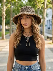 Women's Leopard Print Bucket Hat, High Quality Hat, Summer Sun Protection, Wide Brim Vintage Style, Ideal for Outdoor & Daily Use, Fashionable Accessory