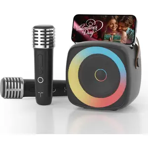 Portable Bluetooth Karaoke Speaker with 2 Wireless Microphones Phone Holder Dynamic Lights Mini Voice Changer Perfect Christmas Gift for Girls Kids