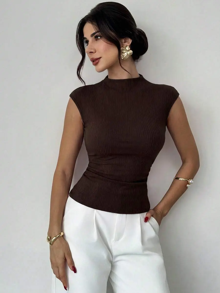Women's Dark Brown Turtleneck Ruffle Sleeve Fitted Tank Top, Ribbed Knit Stretchy Summer Crop Top