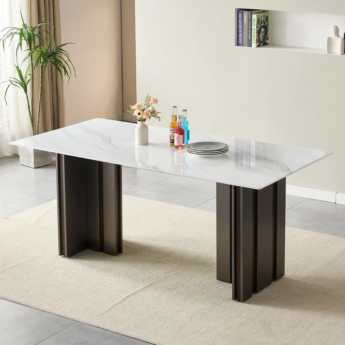 [Bellemave] 69.30 Inch Modern Rectangular Dining Table, Tempered Glass with Marble Texture Tabletop, Matte Brushed Table Legs, Suitable For 4-6 People