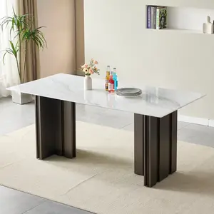 [Bellemave] 69.30 Inch Modern Rectangular Dining Table, Tempered Glass with Marble Texture Tabletop, Matte Brushed Table Legs, Suitable For 4-6 People﻿