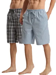 Men's Soft Plaid Print Pajama Home Shorts Pack of 2, Casual Elastic Waist Sleep Pants with Pockets, Comfortable Lounge Wear for All Seasons