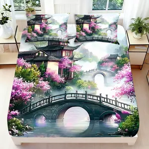 2/3 Pcs 2D Flat Chinese Landscape Cherry Blossom Fitted Sheet Set Chinese Style Bedding Set Quilt Cover 1 Fitted Sheet+ 1/2 Pillowcases Asian Scenic Top Sheet Decorative Bedding Bedroom Decor