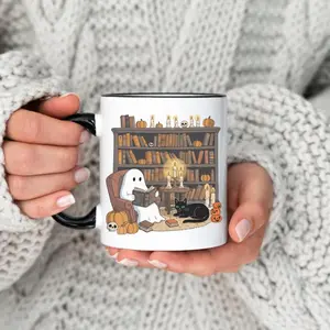 Halloween Ghost Reading 11oz Accent Mug, Cute Spooky Book Lover Mug, Bookish Halloween Mug, Ghost Bookshelf & Pumpkins, Cute Fall Ghost Skeleton