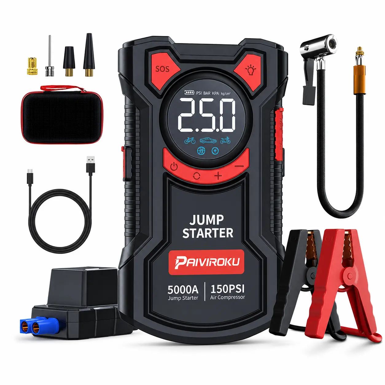 【PJ100】4-in-1 Portable Car Jump Starter with Air Pump, 12V Emergency Battery Booster for Cars, 150 PSI Tire Inflator, USB-A Output Auto Accessories