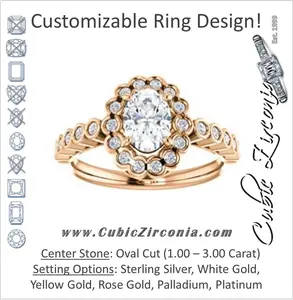 Cubic Zirconia Engagement Ring- The Journie (Customizable Oval Cut Design with Round-Bezel Cluster Halo and Round Bezel Band Accents)