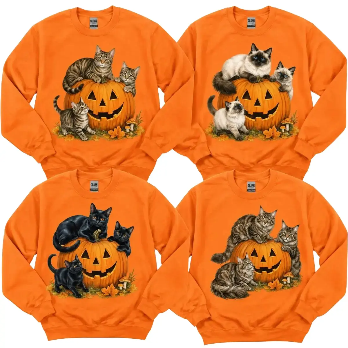 50+ Cat Breeds, Halloween Cat Pumpkin Sweatshirt, Cute Cats on Jack O Lantern Crewneck, Fall Cat Lover Gift for Women