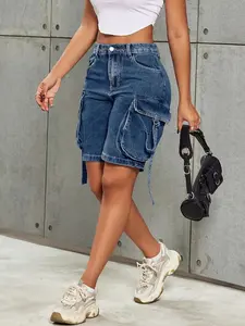 Women's retro street mid waist stretch denim Bermuda shorts - high stretch flip pocket work pants with tape details, wide legs for casual comfort, machine washable spring/summer shorts Womenswear Bottom