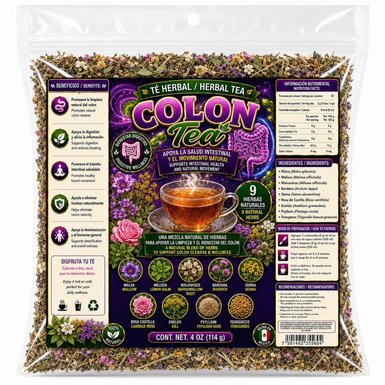 Viral Compuesto Colon Herbal Tea Premium 4oz (114g) – 100% Natural Herbal Infusion – Hecho en Mexico – Makes 40+ Cups – Herbal Mixture for Comfort – Non-GMO | No Cafeína