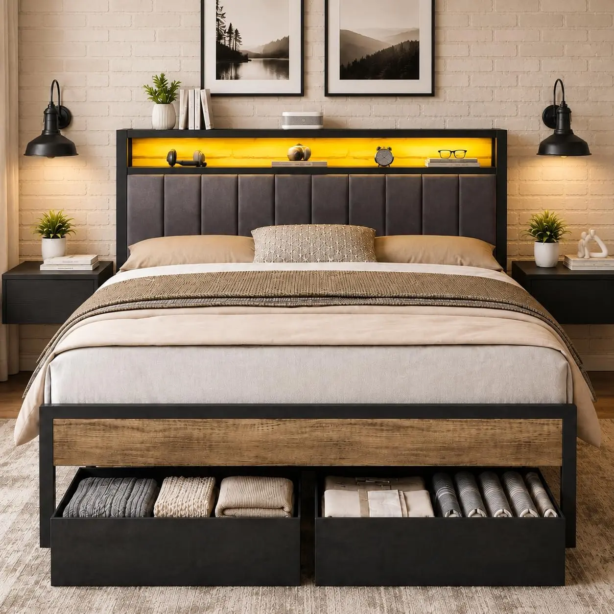 [TiktokShopStockUp] AMERLIFE Bed Frame with LED Light and 2 Storage Drawers, Metal Platform Bed with Storage Headboard, Velvet Upholstered, Heavy-Duty Slats, No Box Spring Needed, Easy Assembly