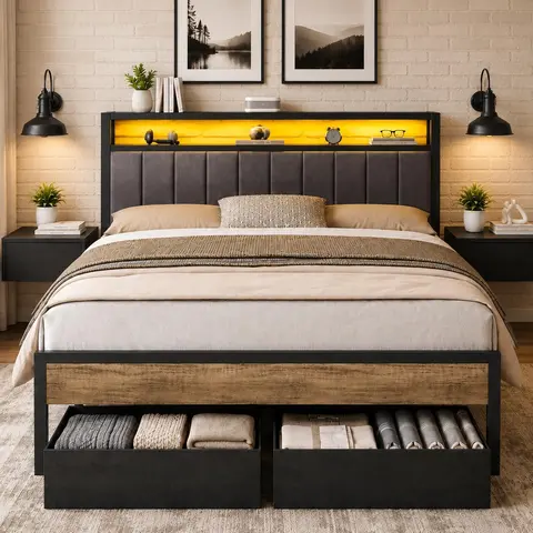 AMERLIFE Bed Frame with LED Light and 2 Storage Drawers, Metal Platform Bed with Storage Headboard, Velvet Upholstered, Heavy-Duty Slats, No Box Spring Needed, Easy Assembly[TikTokShopFallDealsForYou]