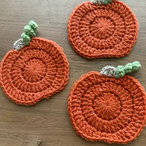 Crochet Pumpkin Coasters - Handmade Orange Coasters with Green Stem for Tableware