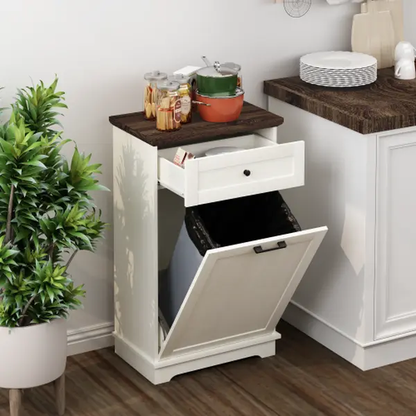 Freestanding Tilt Out Trash Cabinet, Wooden Kitchen Waste Bin Storage Cabinet with Drawer, Hideaway Garbage Can Holder for 10 Gallon Bin, Pet Proof Kitchen Organizer