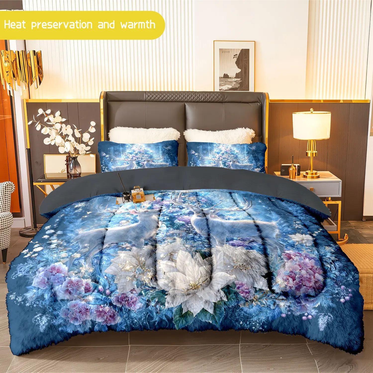3pcs (1 comforter + 2 pillowcases) Christmas Reindeer Flannel & Milk Velvet Comforter Set, Soft Warm Cozy Bedding Set for Adults, Trendy Bedding Essentials