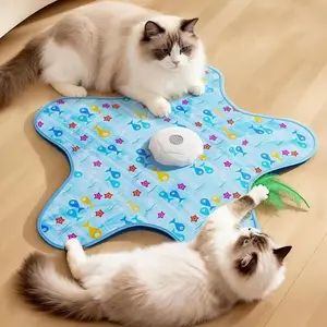 Interactive Cat Toy Hide and Seek Mat, Rechargeable Electric Feather Teaser with 3 Modes, Automatic Moving Cat Toy for Indoor Cats & Kittens