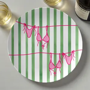 Bikini Clothesline Plate 10” Coastal Cowgirl Trendy Plate with Hand-Drawn Stripes & Swimsuit Design, Beach House, Wall Plate, Cool Girl Gift, Cool Girl Aesthetic  Decor, Summer Kitchen Vibe,