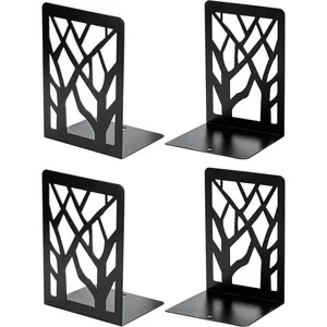 Book Ends Tree Design Modern Bookends for Shelves, Non-Skid Book Holder, Heavy Duty Metal Book Storage for Books/CDs, Decorative Book Stopper for Home, 7 x 4.7 x 3.5”, Black,2 Pair/4 Pieces