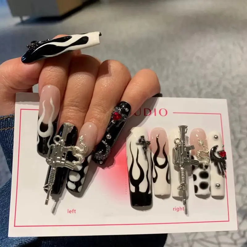 Pure Handmade 5Cm Fluorescent Powder Water Pipe Press-on Nails Bright Pink Color Press On Nail Art